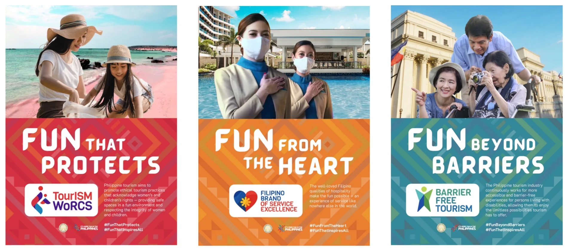 Three campaign posters for Fun That Protects, Fun From The Heart and Fun Beyond Barriers