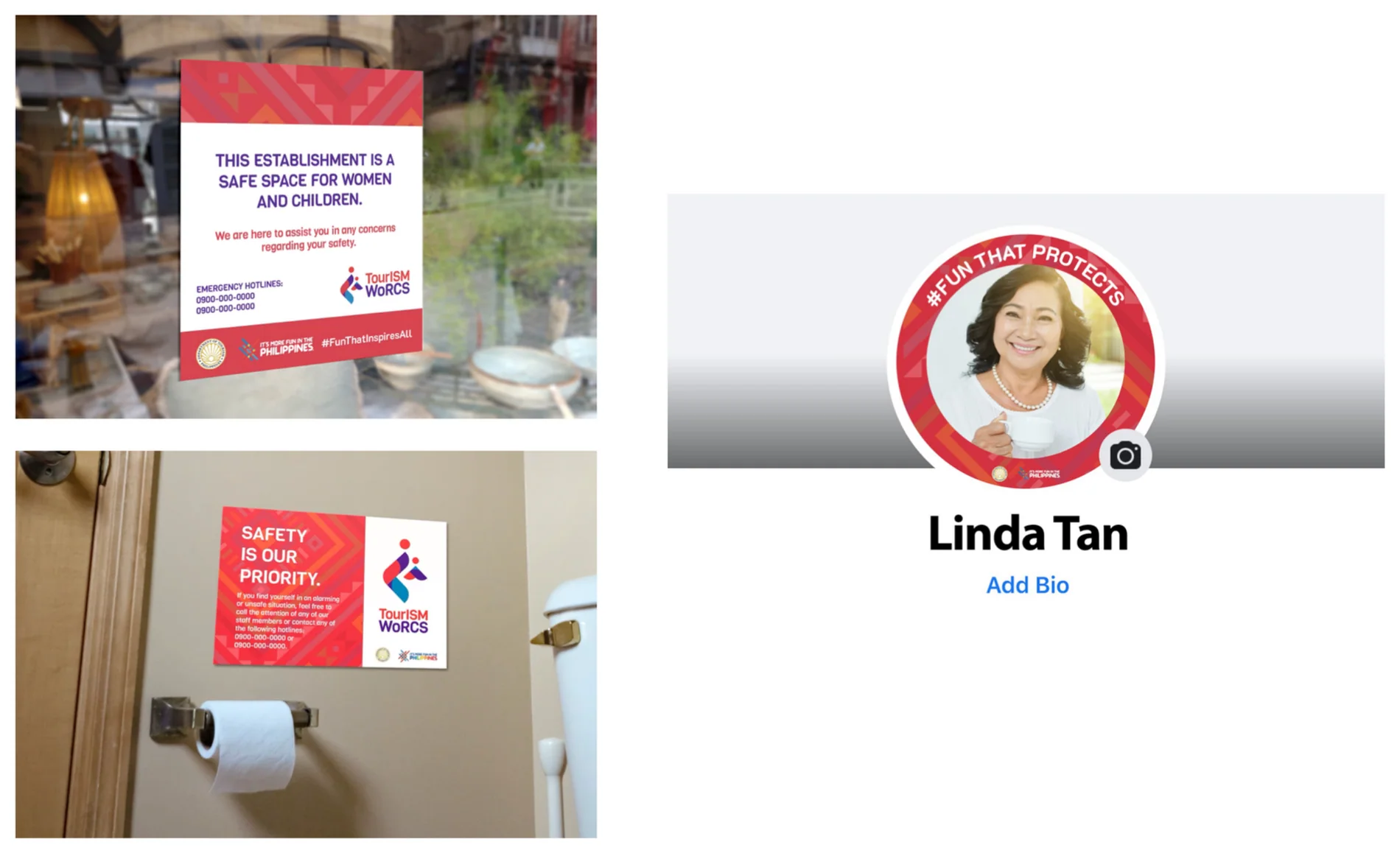 Tourism WoRCS window decals, signage and social media frame