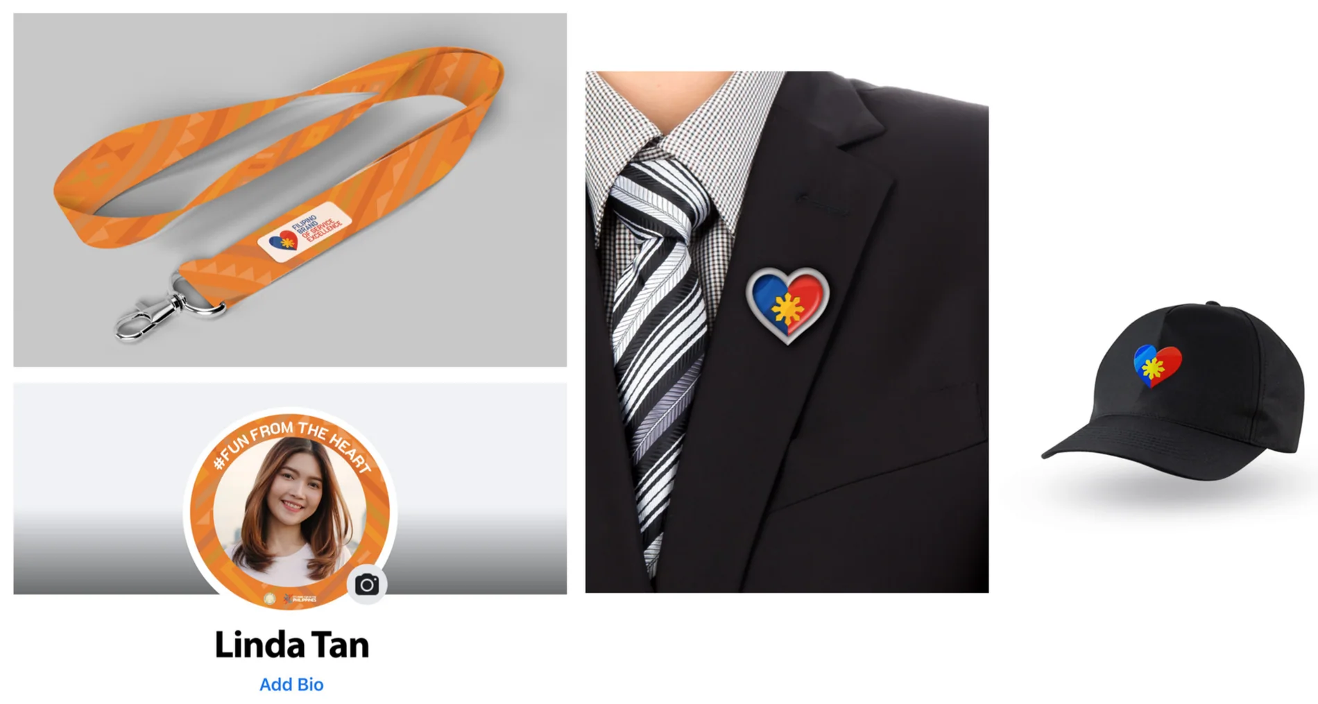 Filipino Brand of Service Excellence lanyard, pin, cap and social media frame