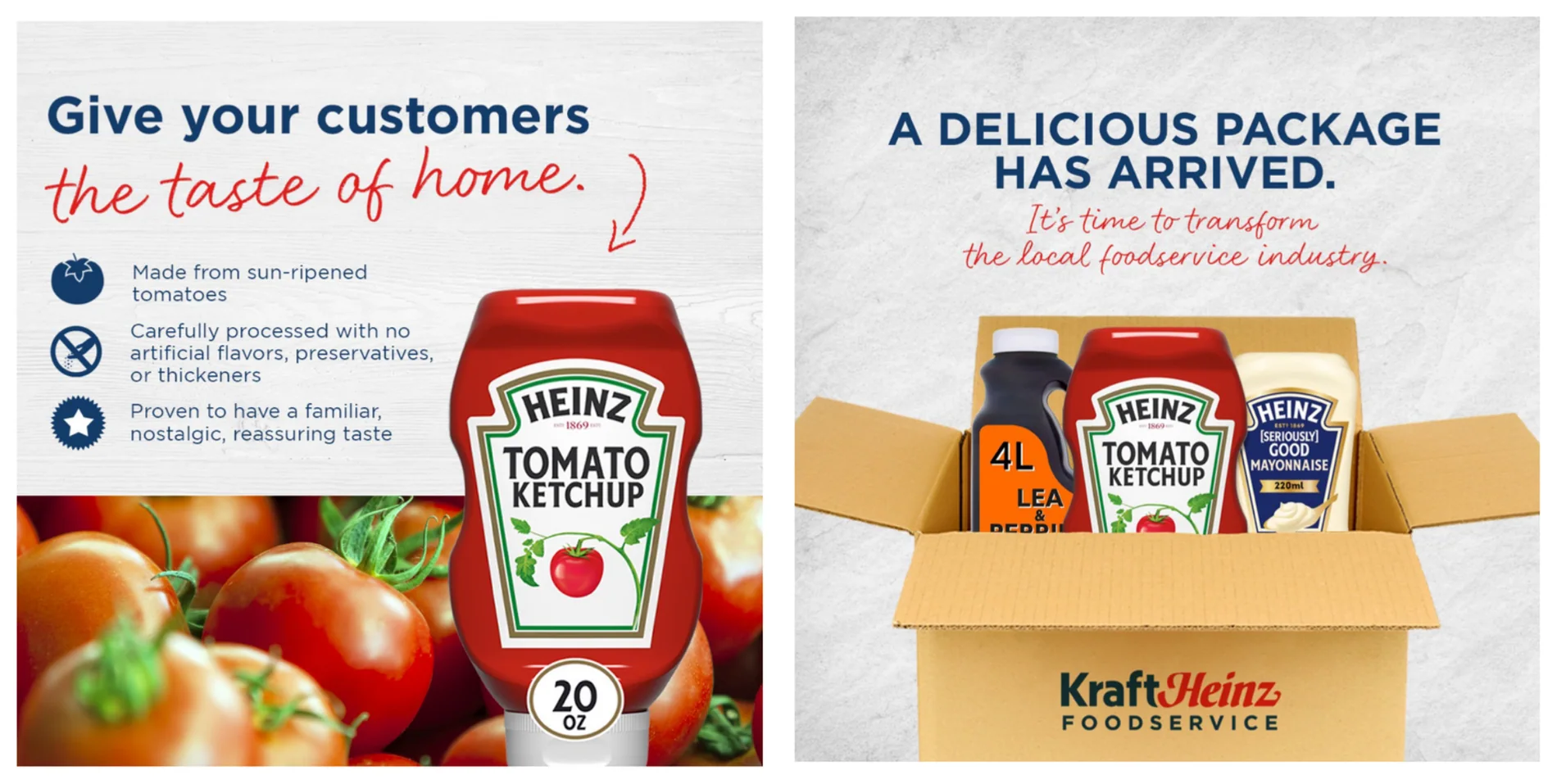 Two Kraft Heinz Foodservice social posts for tomato ketchup and a delivery pack