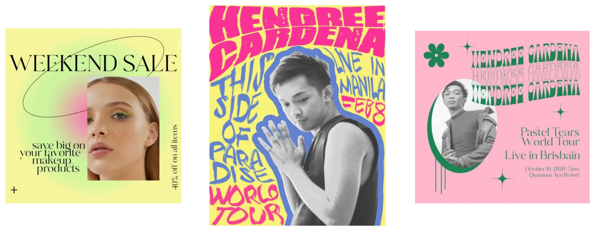 Weekend sale post and two tour posters for Hendree Cardena