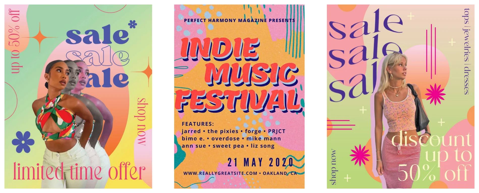 Fashion sale posts and an indie music festival poster