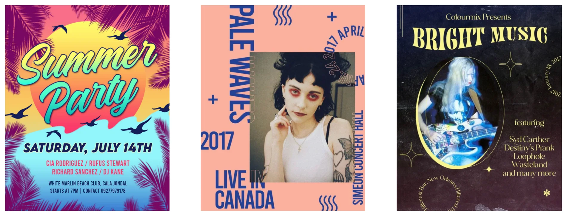 Summer party, Pale Waves and Bright Music event posters