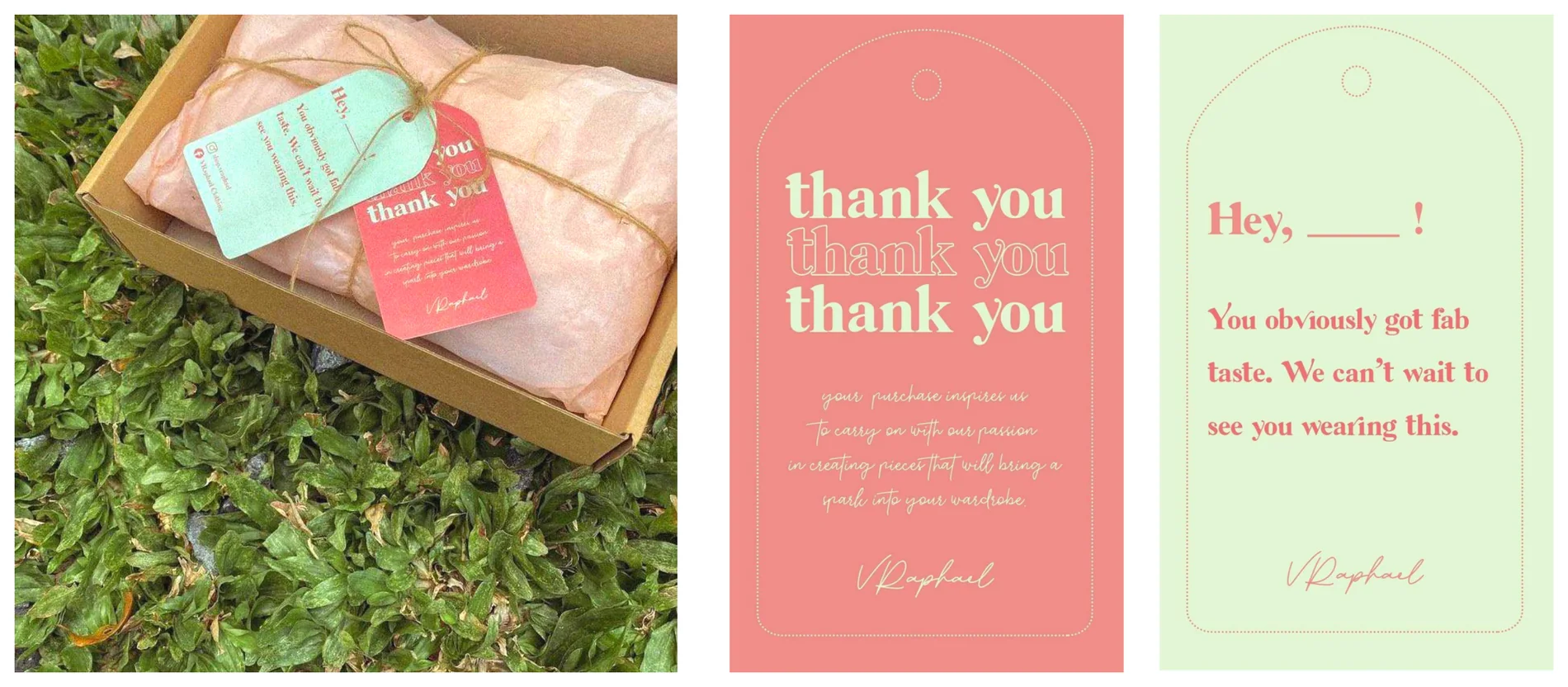 VRaphael packaging with pink and green thank you cards