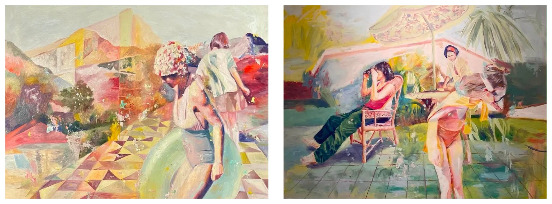 Two paintings of figures in gardens and terraces