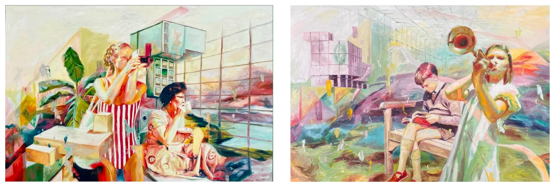 Two paintings, one of a figure with a camera on a terrace, one of a figure playing a trumpet in a garden