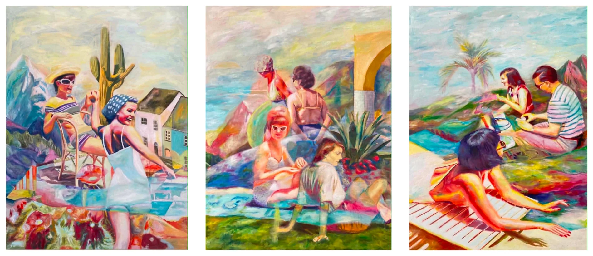 Three paintings of groups of figures at leisure